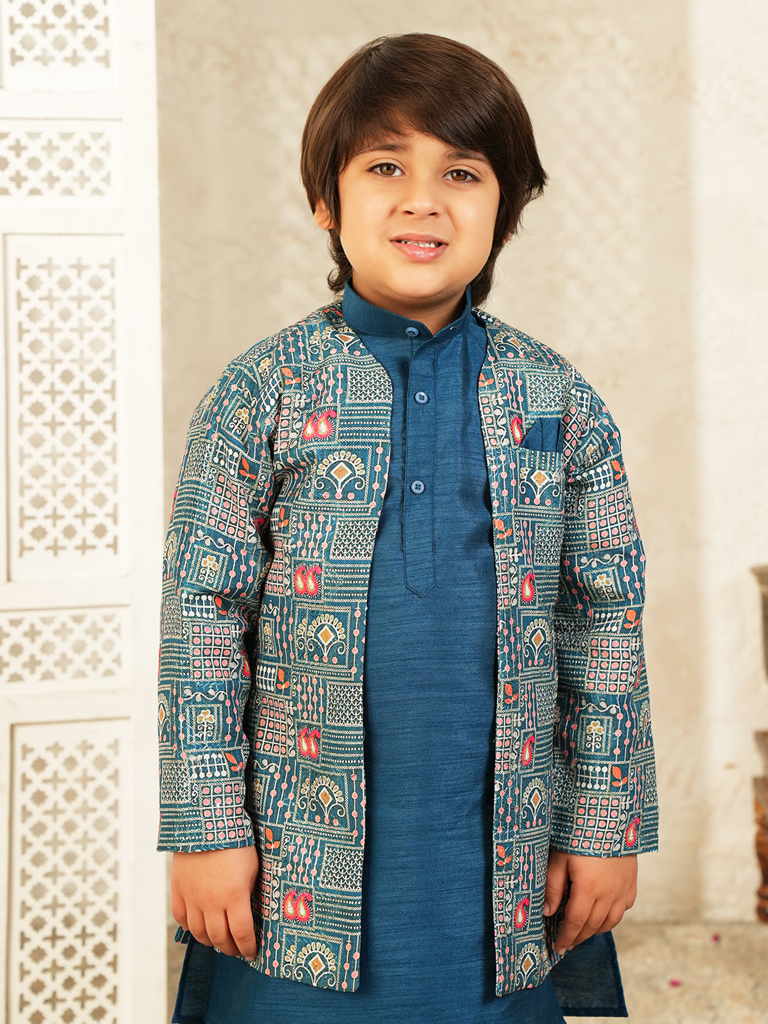 Dark Blue Printed Silk Blend Sherwani For Boys