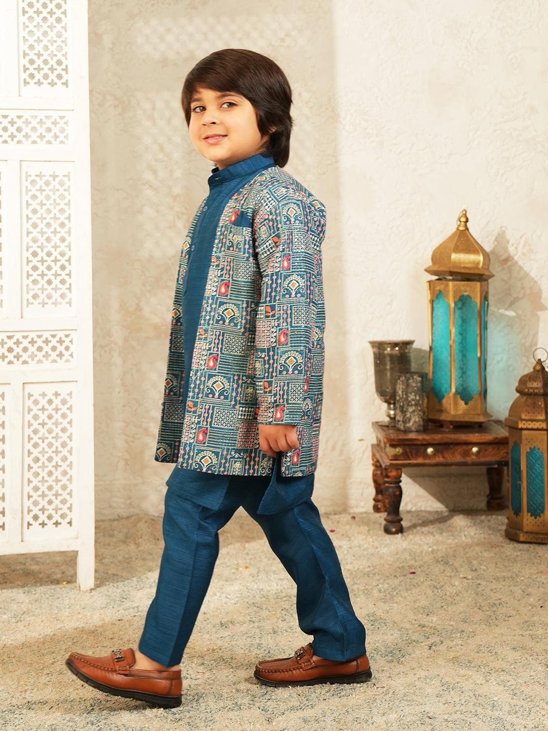 Dark Blue Printed Silk Blend Sherwani For Boys
