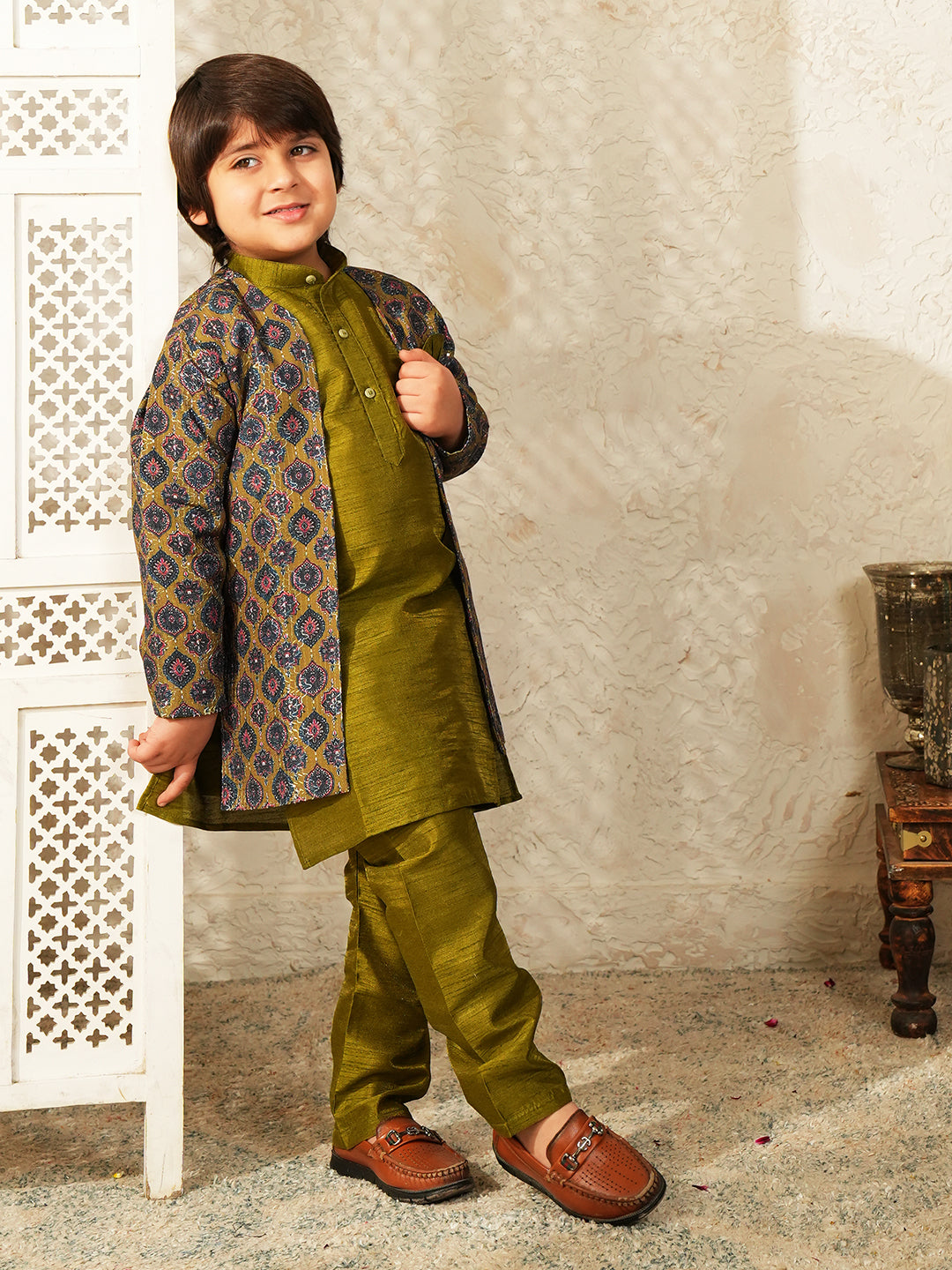 Green Printed Silk Blend Sherwani For Boys