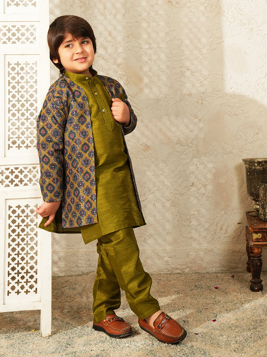 Green Printed Silk Blend Sherwani For Boys