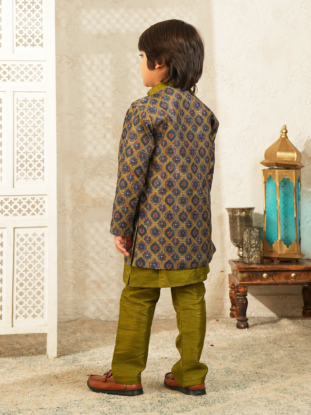 Green Printed Silk Blend Sherwani For Boys