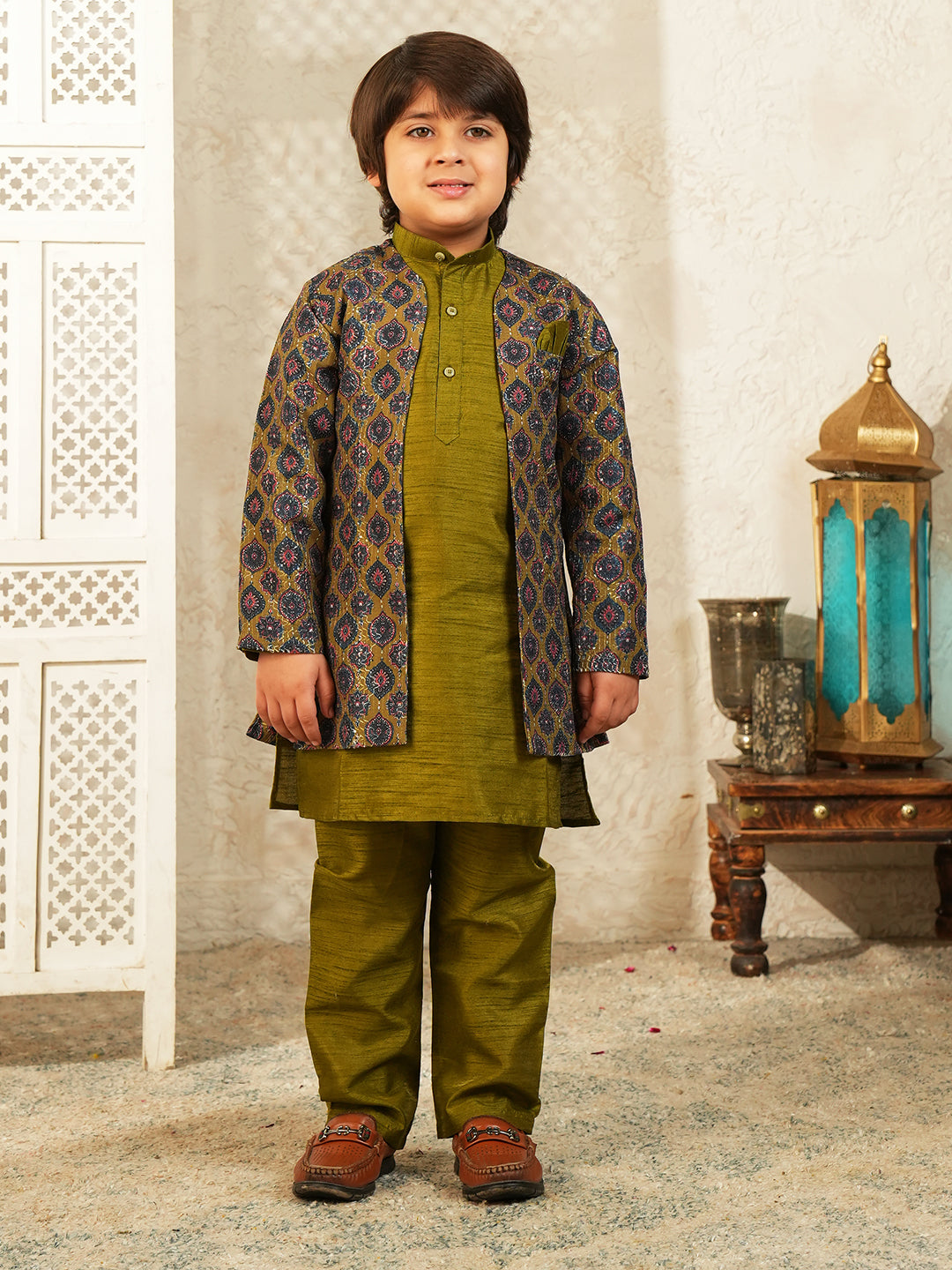 Green Printed Silk Blend Sherwani For Boys