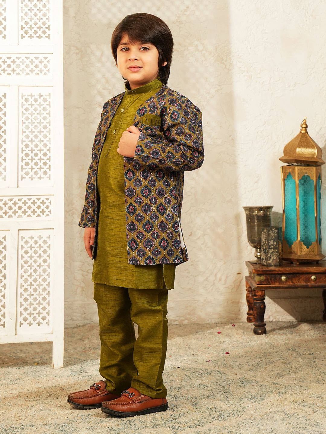 Green Printed Silk Blend Sherwani For Boys