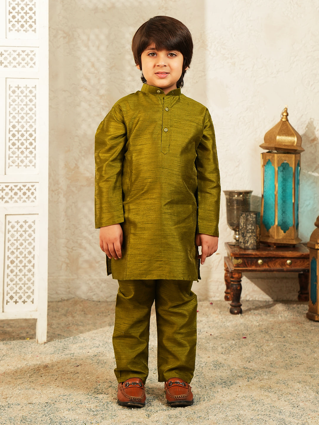 Green Printed Silk Blend Sherwani For Boys
