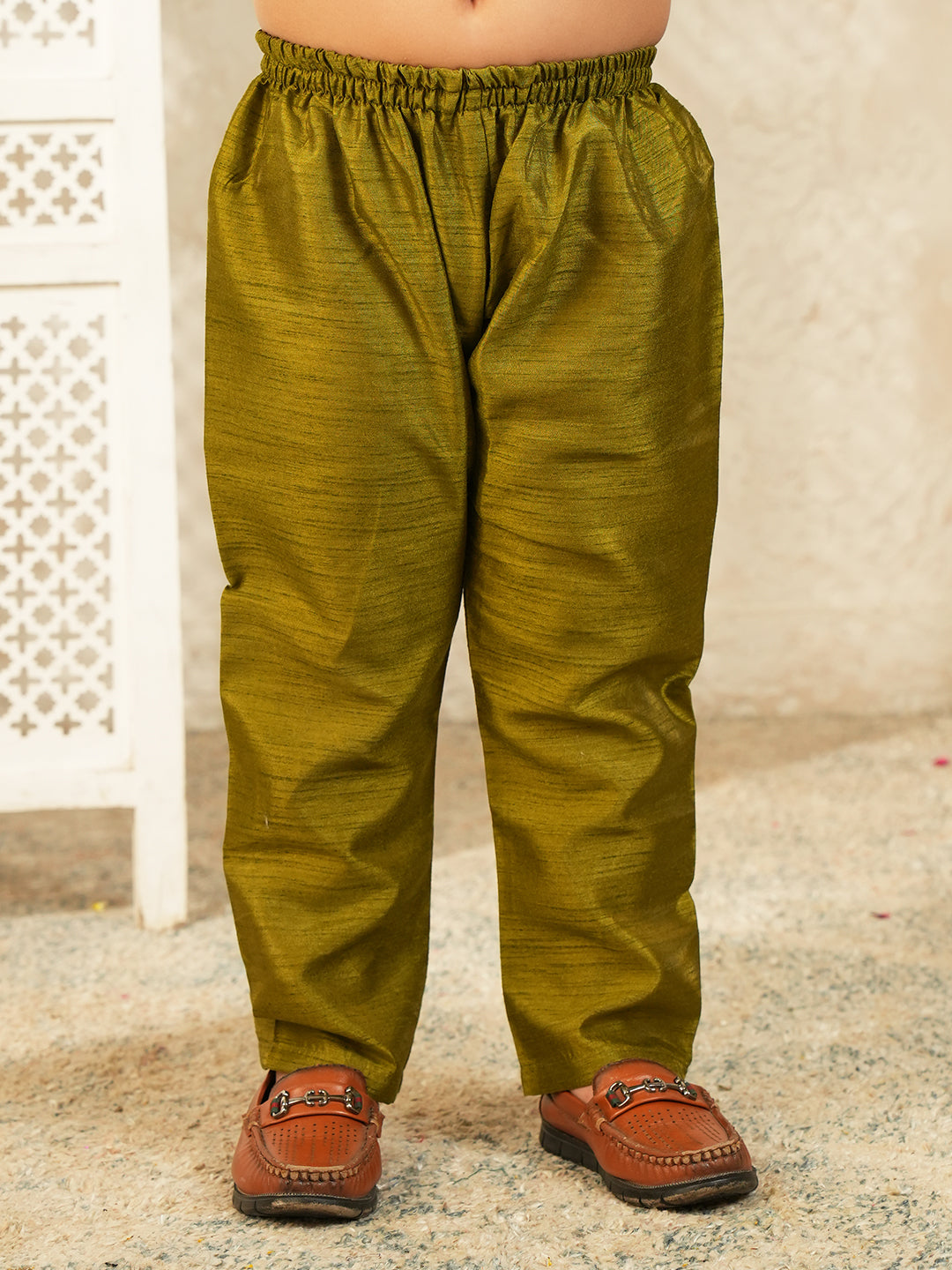 Green Printed Silk Blend Sherwani For Boys