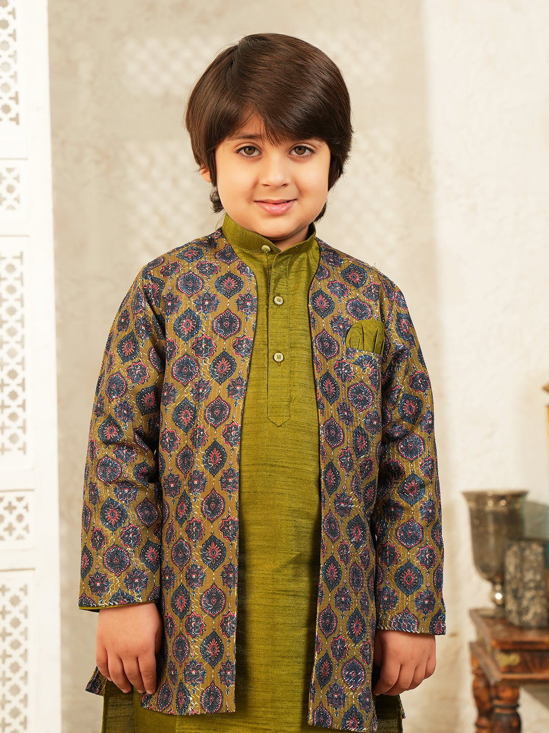 Green Printed Silk Blend Sherwani For Boys