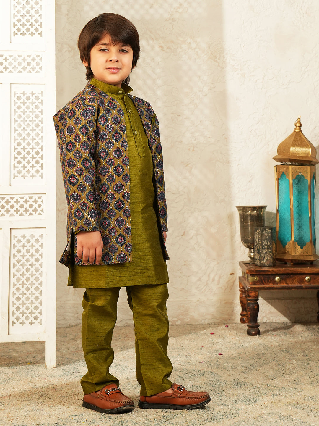 Green Printed Silk Blend Sherwani For Boys