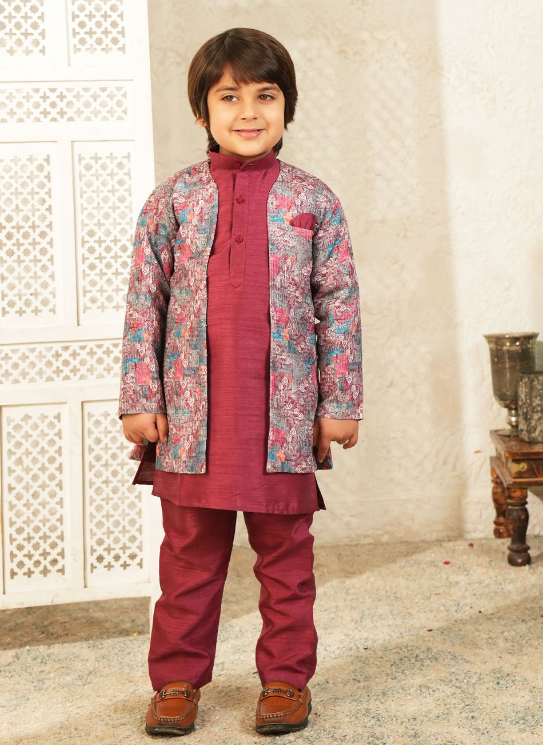 Maroon Printed Silk Blend Sherwani For Boys