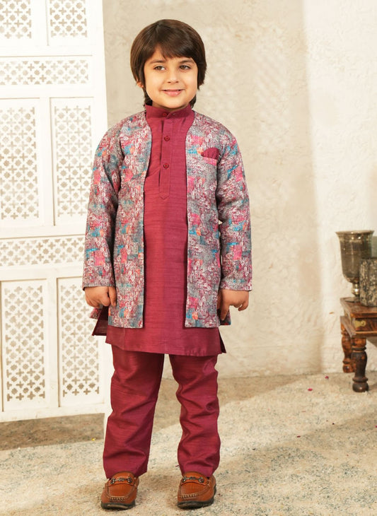 Maroon Printed Silk Blend Sherwani For Boys