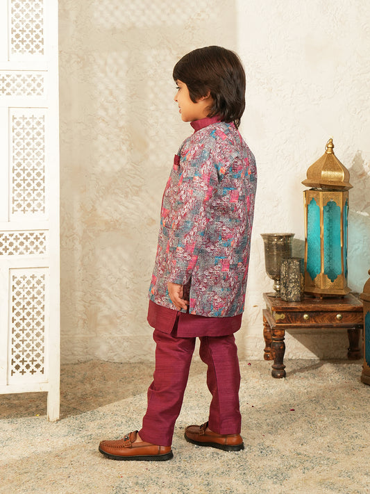 Maroon Printed Silk Blend Sherwani For Boys