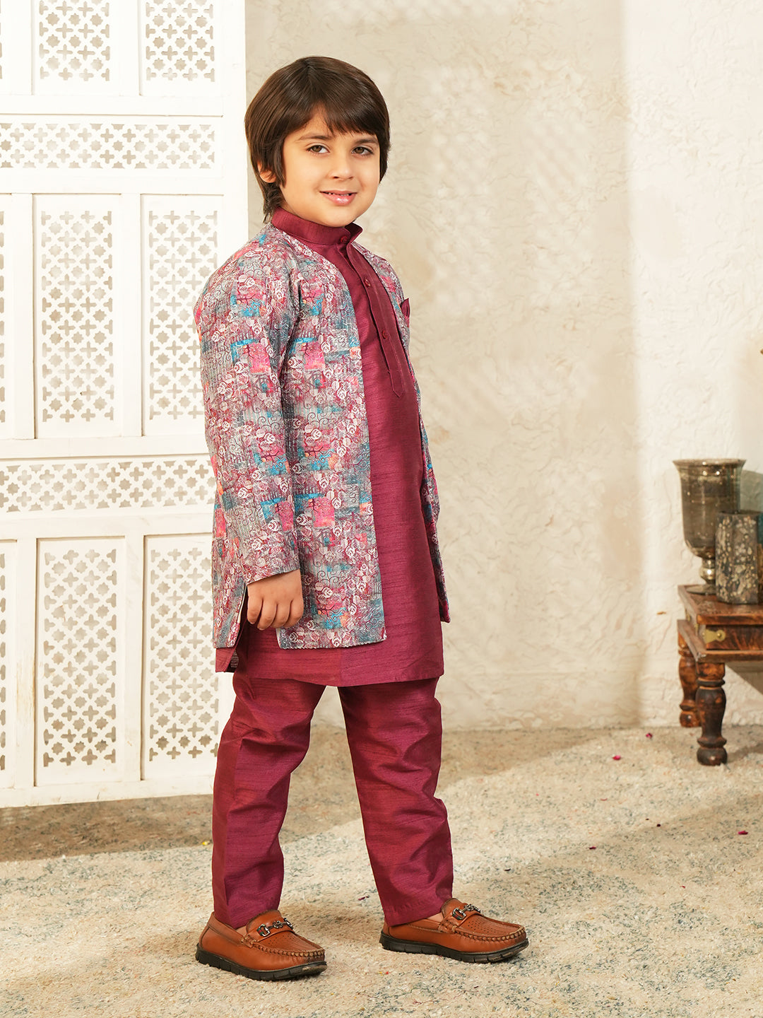 Maroon Printed Silk Blend Sherwani For Boys