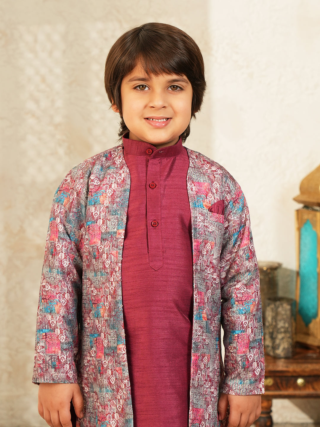 Maroon Printed Silk Blend Sherwani For Boys