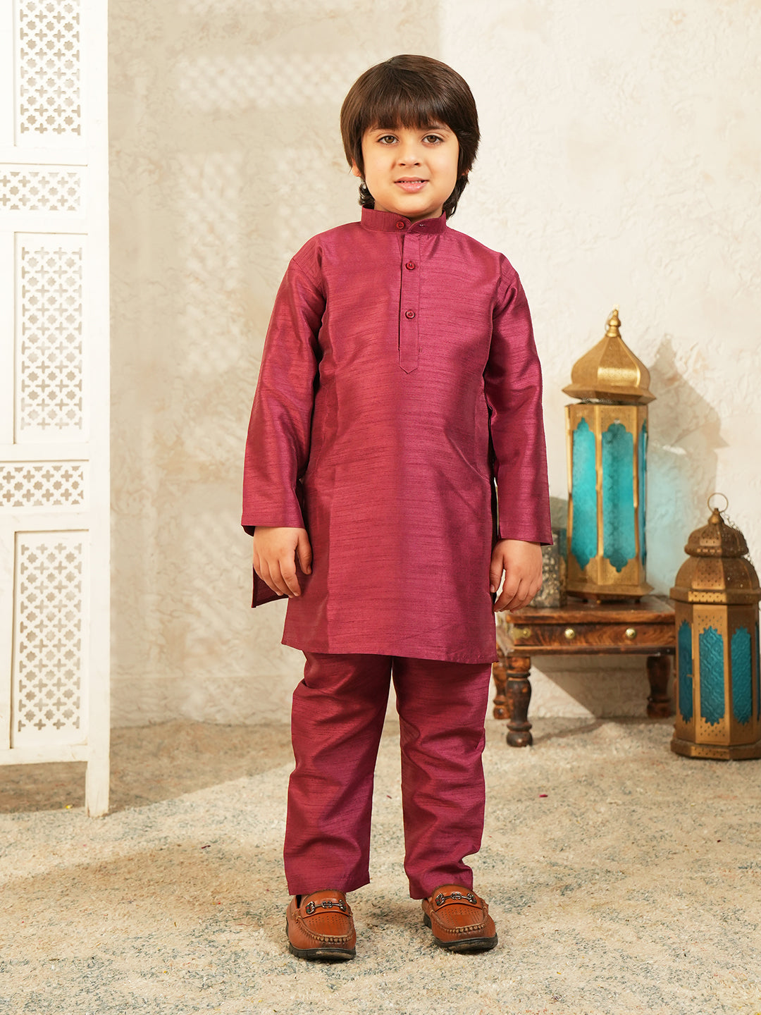 Maroon Printed Silk Blend Sherwani For Boys