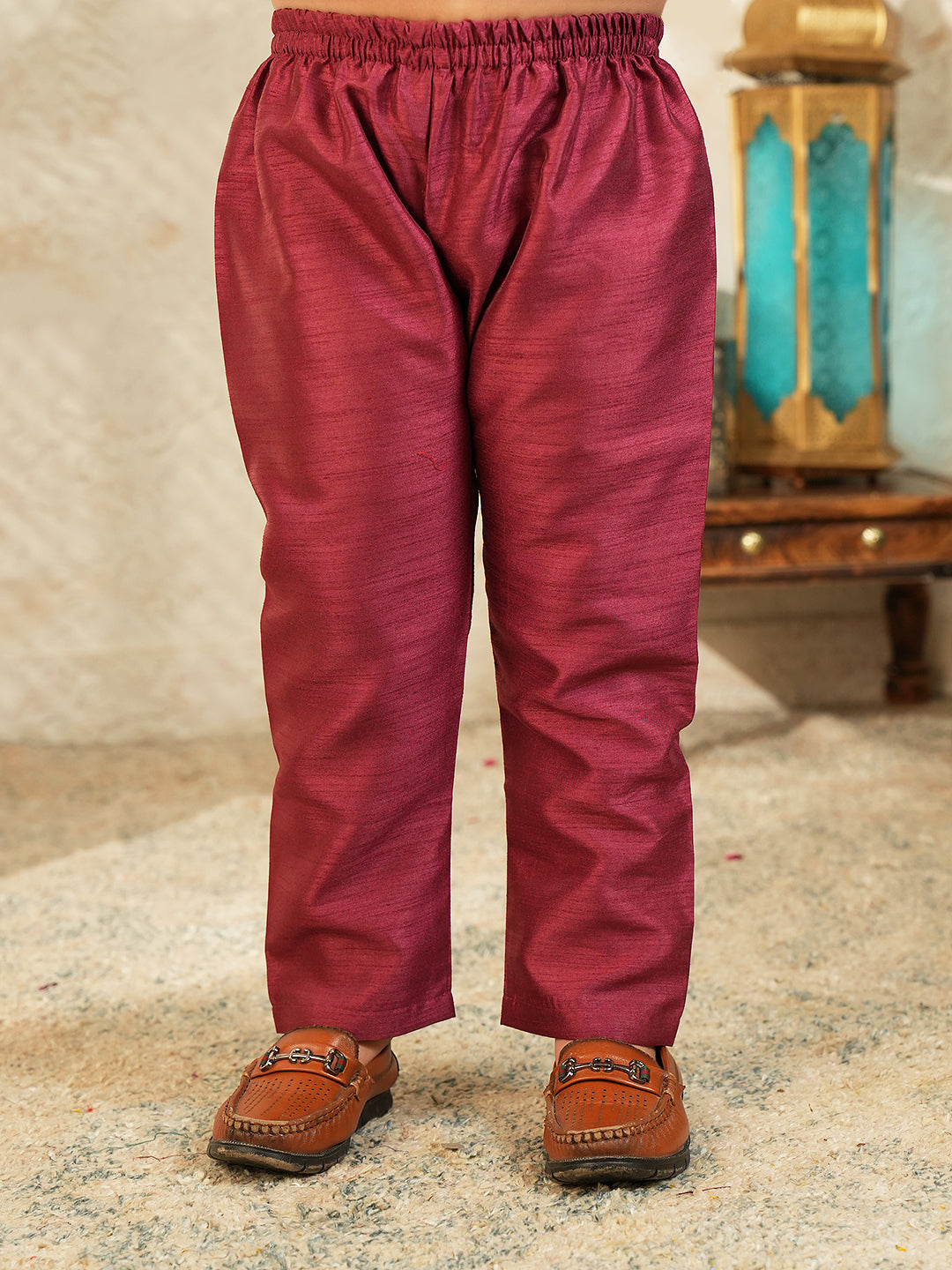 Maroon Printed Silk Blend Sherwani For Boys