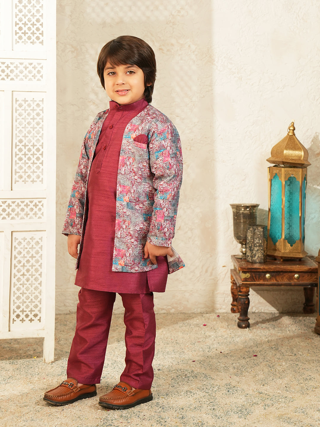 Maroon Printed Silk Blend Sherwani For Boys