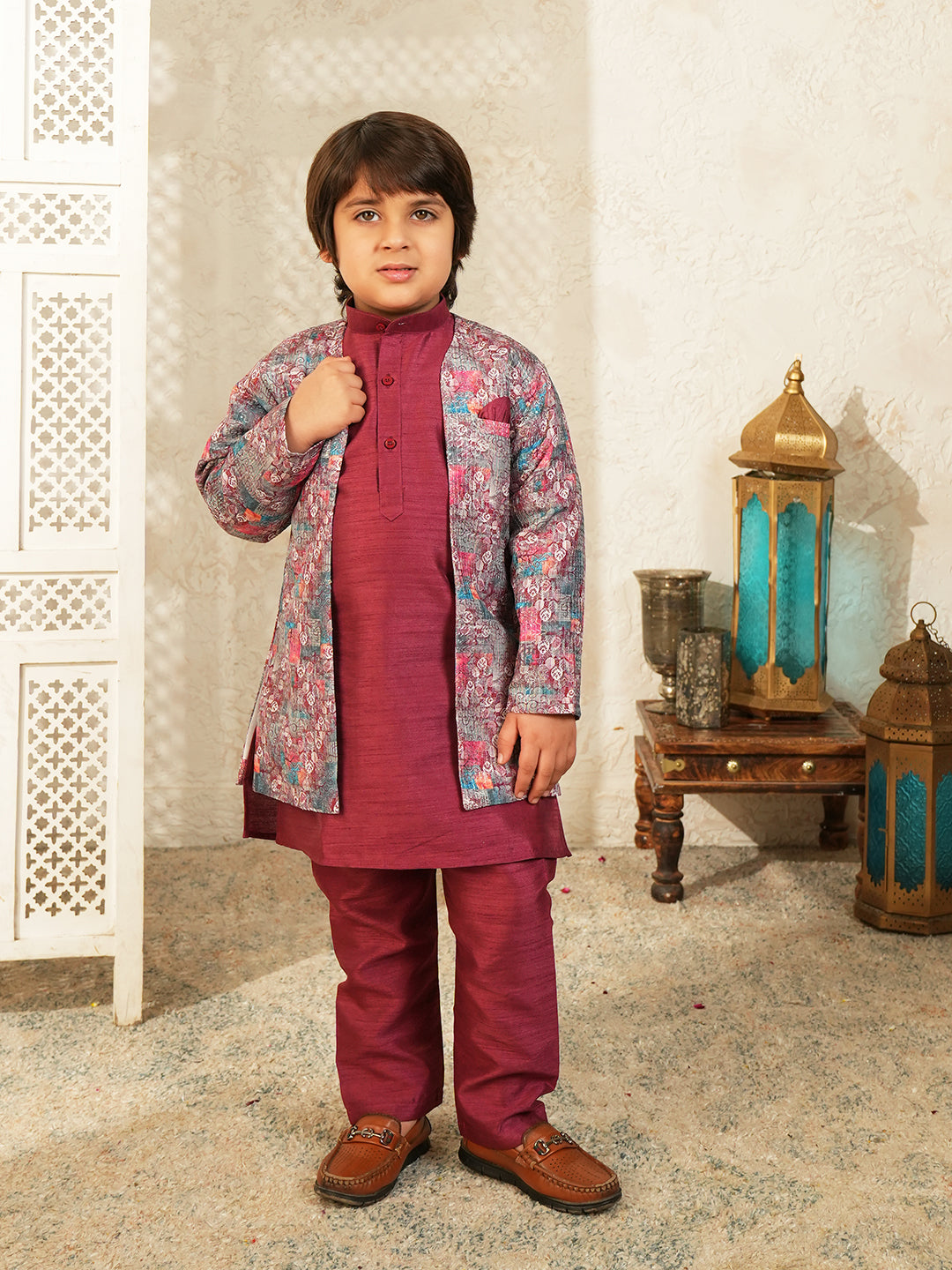 Maroon Printed Silk Blend Sherwani For Boys