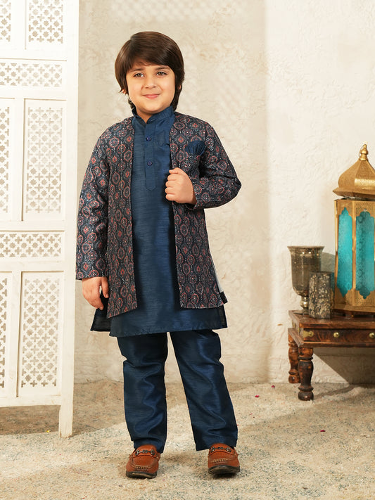 Navy-blue Printed Silk Blend Sherwani For Boys