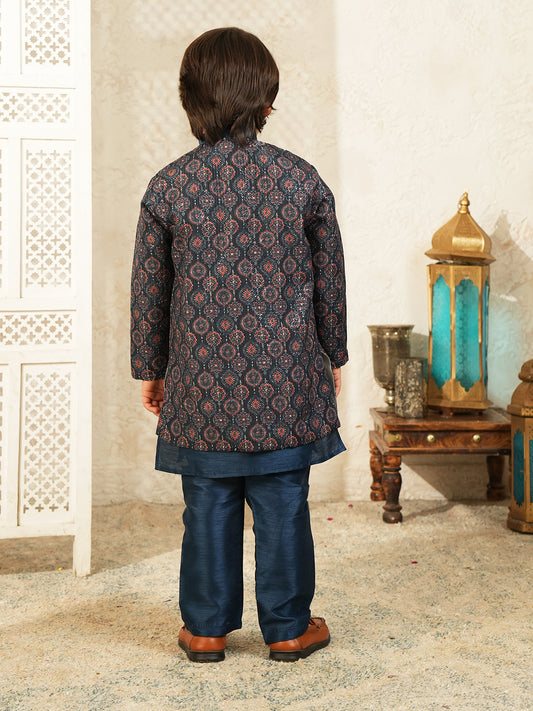 Navy-blue Printed Silk Blend Sherwani For Boys