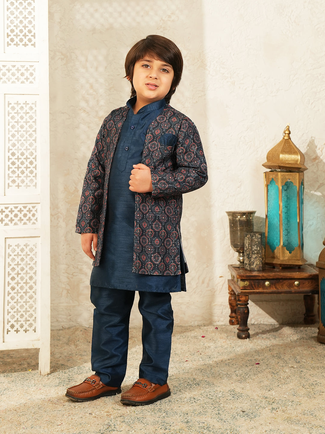 Navy-blue Printed Silk Blend Sherwani For Boys