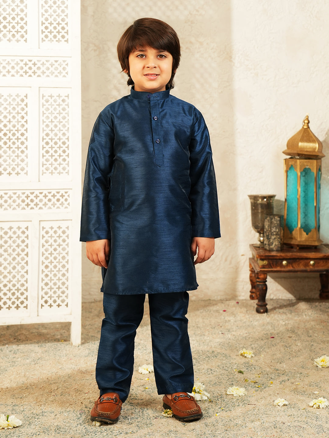 Navy-blue Printed Silk Blend Sherwani For Boys