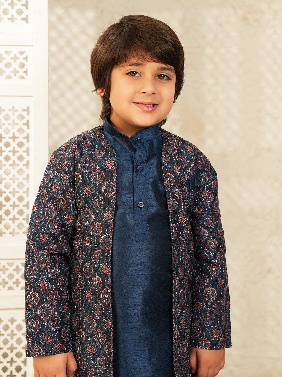 Navy-blue Printed Silk Blend Sherwani For Boys
