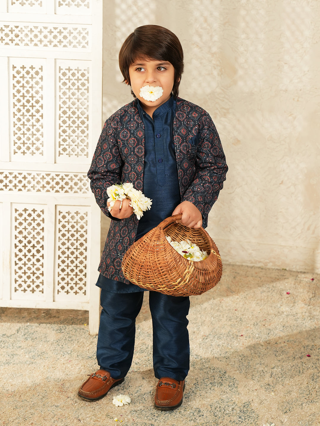 Navy-blue Printed Silk Blend Sherwani For Boys