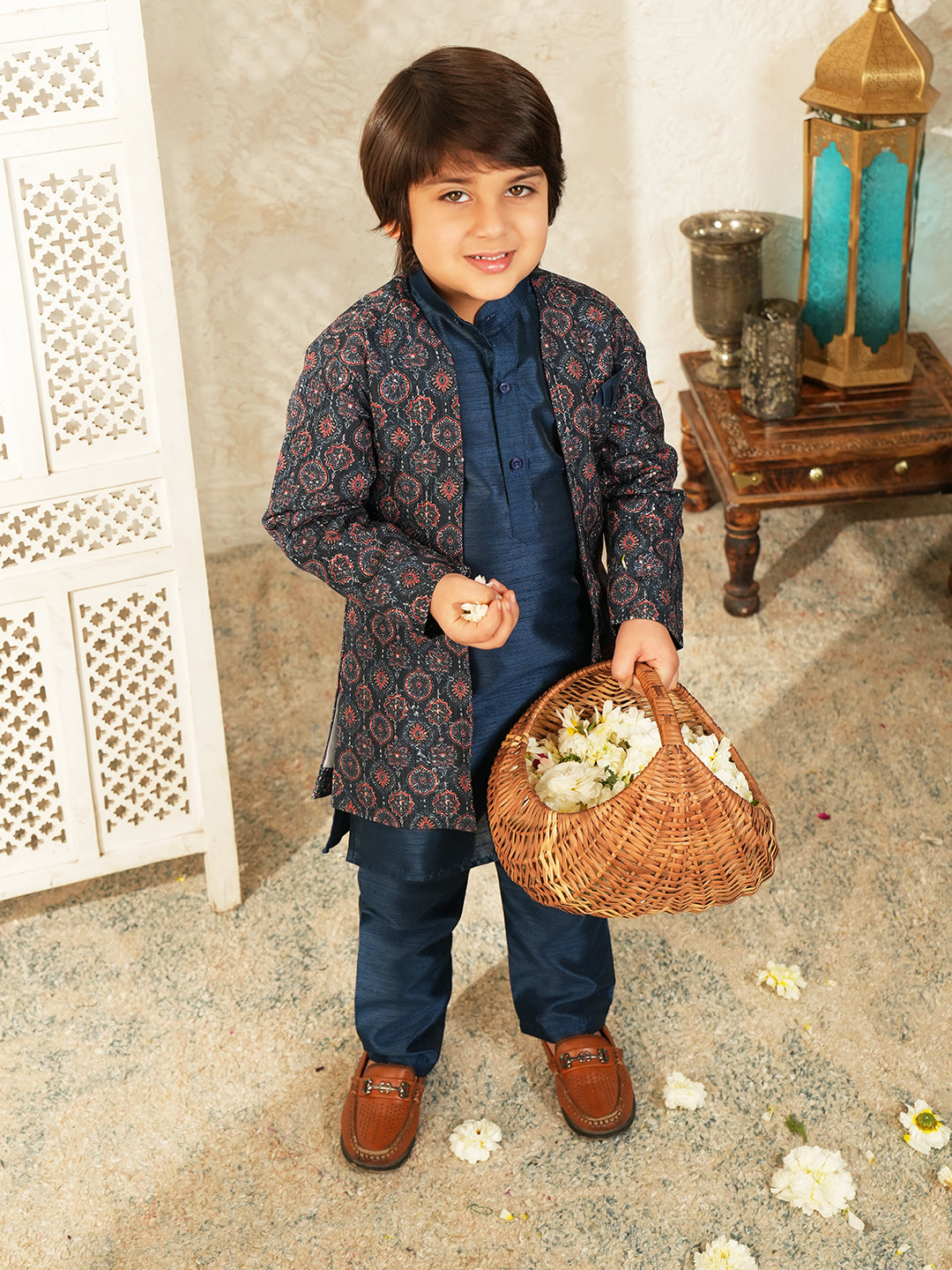 Navy-blue Printed Silk Blend Sherwani For Boys