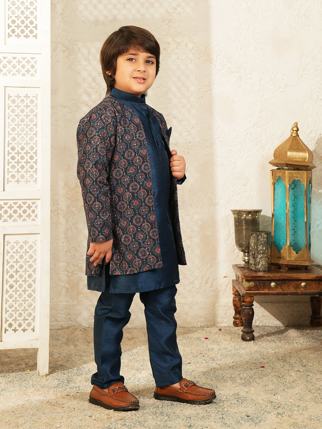 Navy-blue Printed Silk Blend Sherwani For Boys