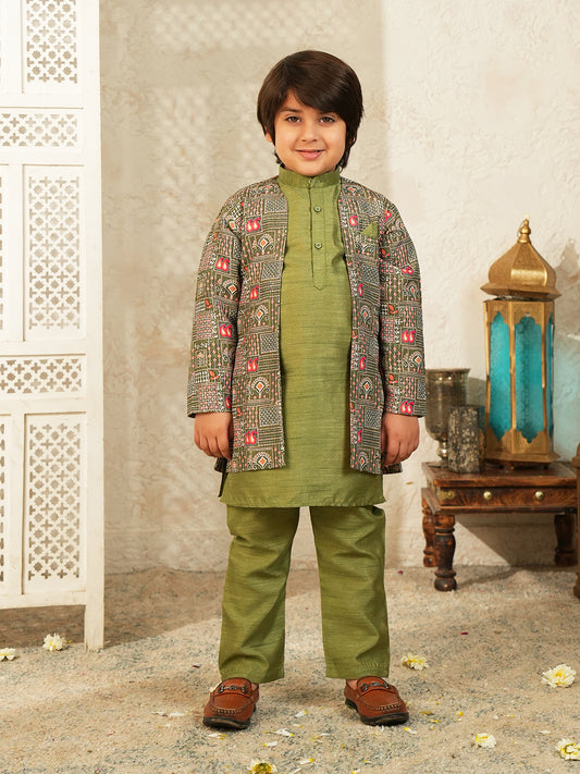 Pista Printed Silk Blend Sherwani For Boys