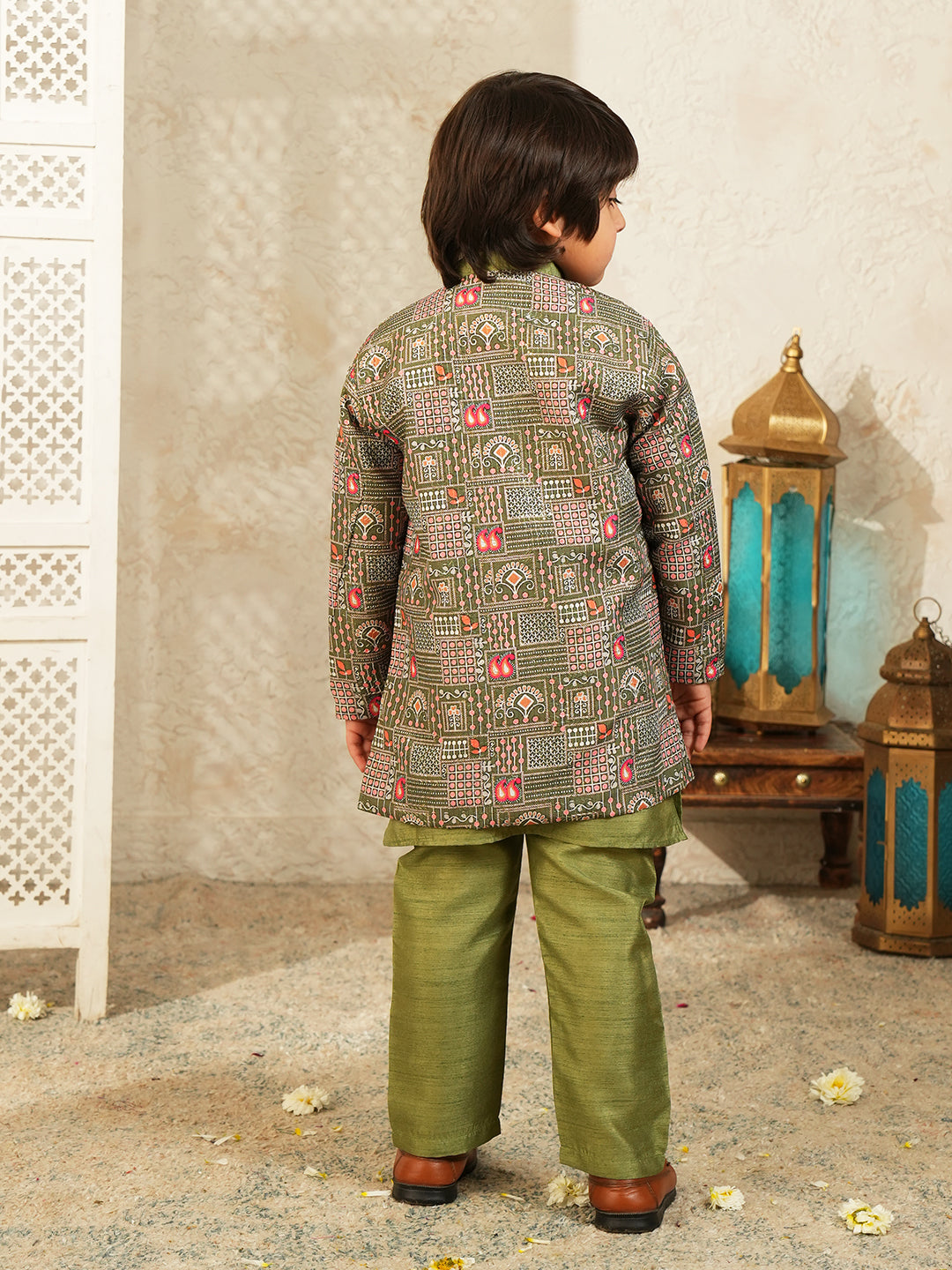 Pista Printed Silk Blend Sherwani For Boys