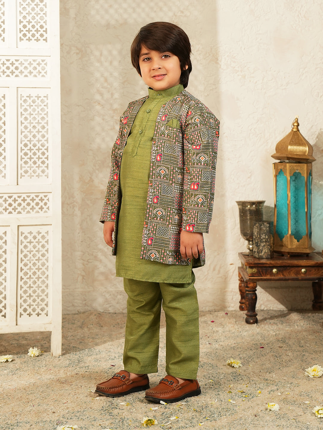 Pista Printed Silk Blend Sherwani For Boys