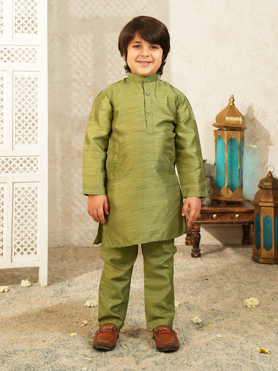 Pista Printed Silk Blend Sherwani For Boys