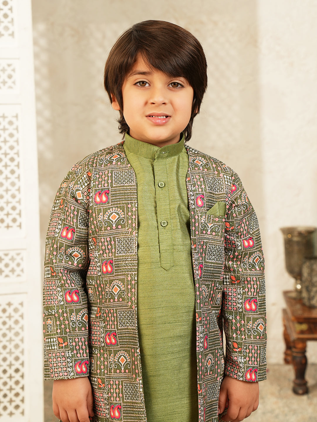 Pista Printed Silk Blend Sherwani For Boys