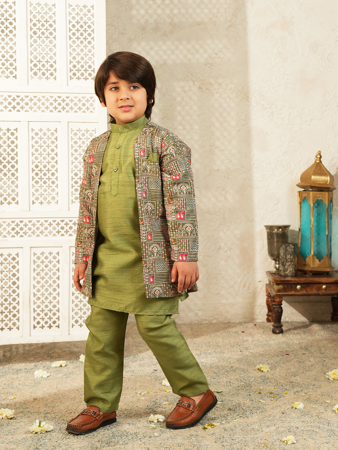 Pista Printed Silk Blend Sherwani For Boys