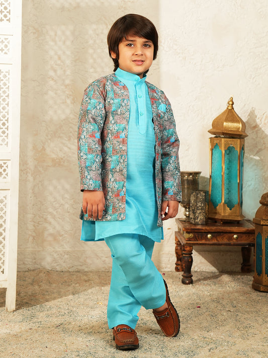 Sky Blue Printed Silk Blend Sherwani For Boys
