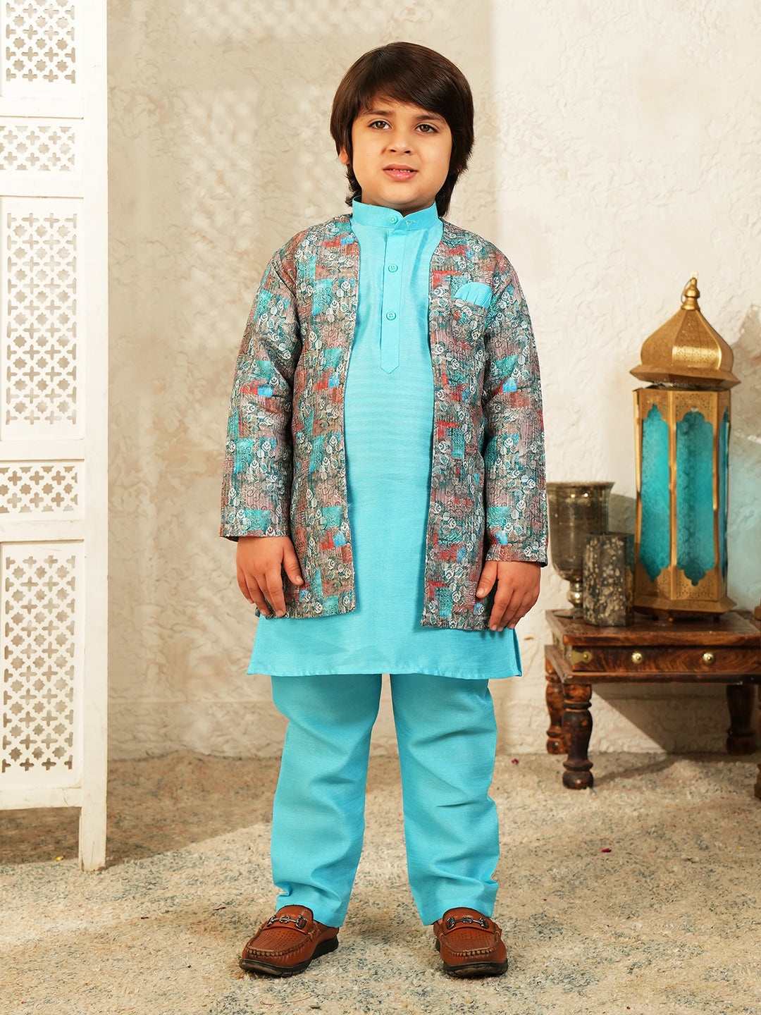 Sky Blue Printed Silk Blend Sherwani For Boys