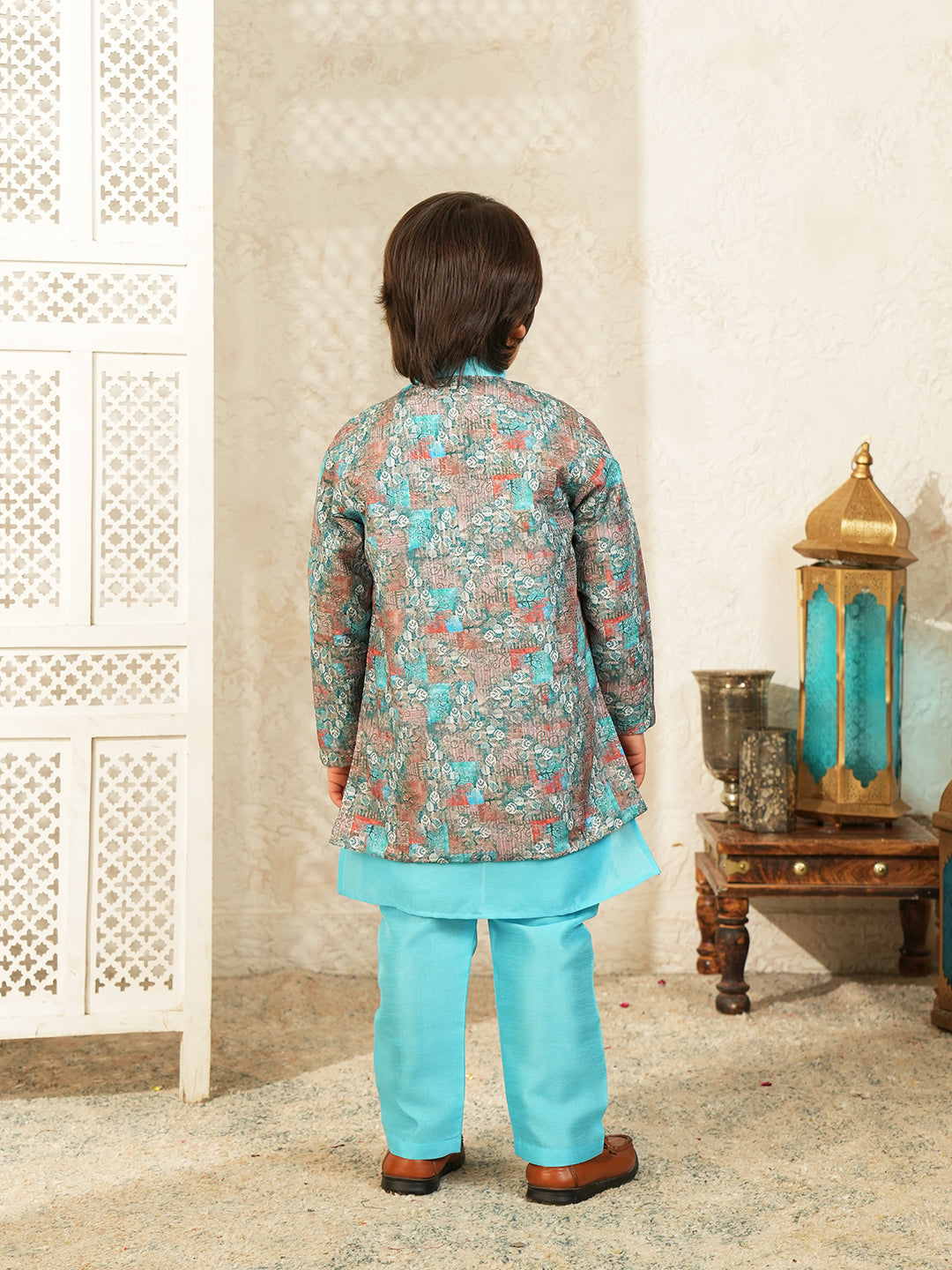Sky Blue Printed Silk Blend Sherwani For Boys