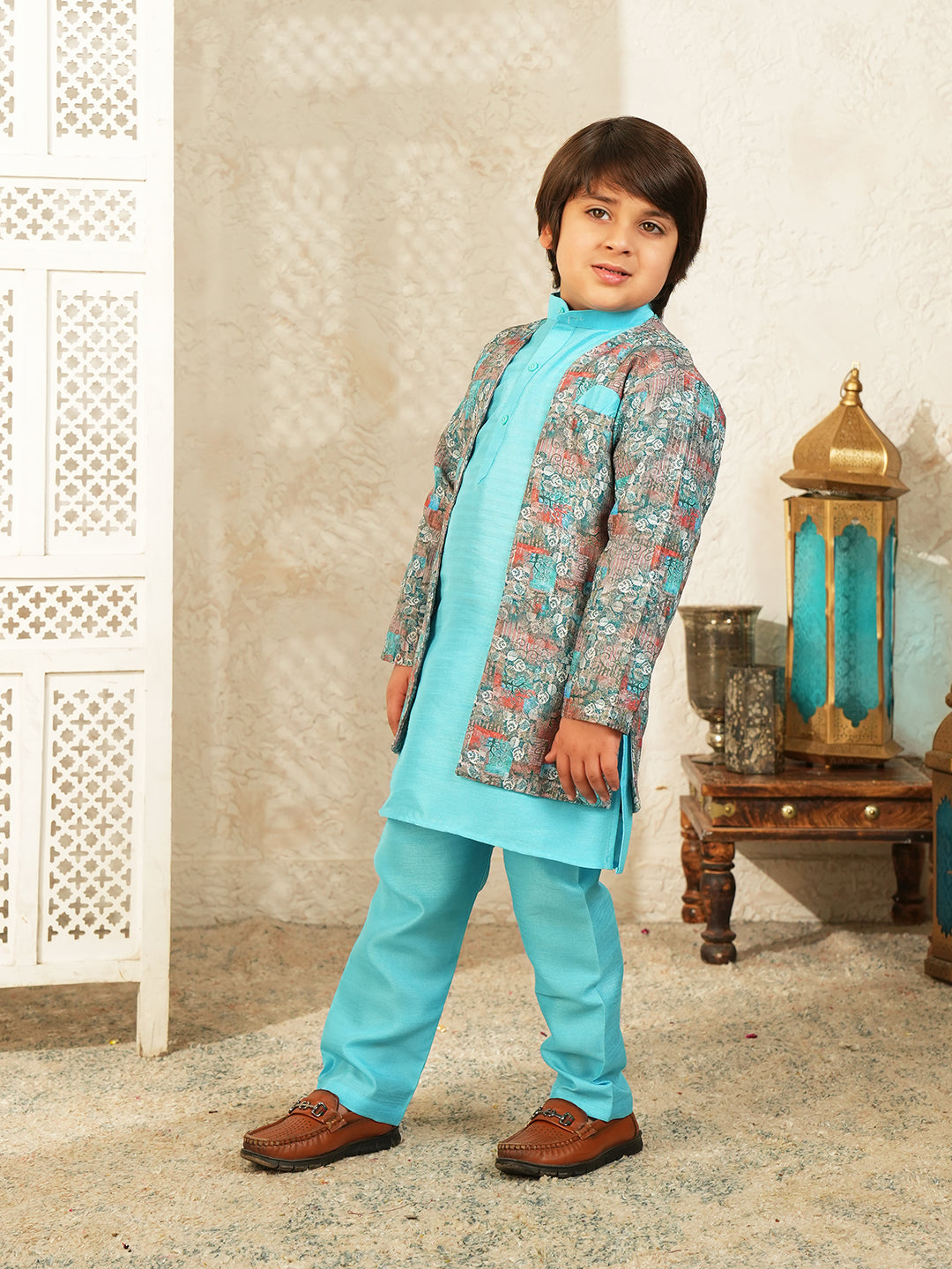 Sky Blue Printed Silk Blend Sherwani For Boys