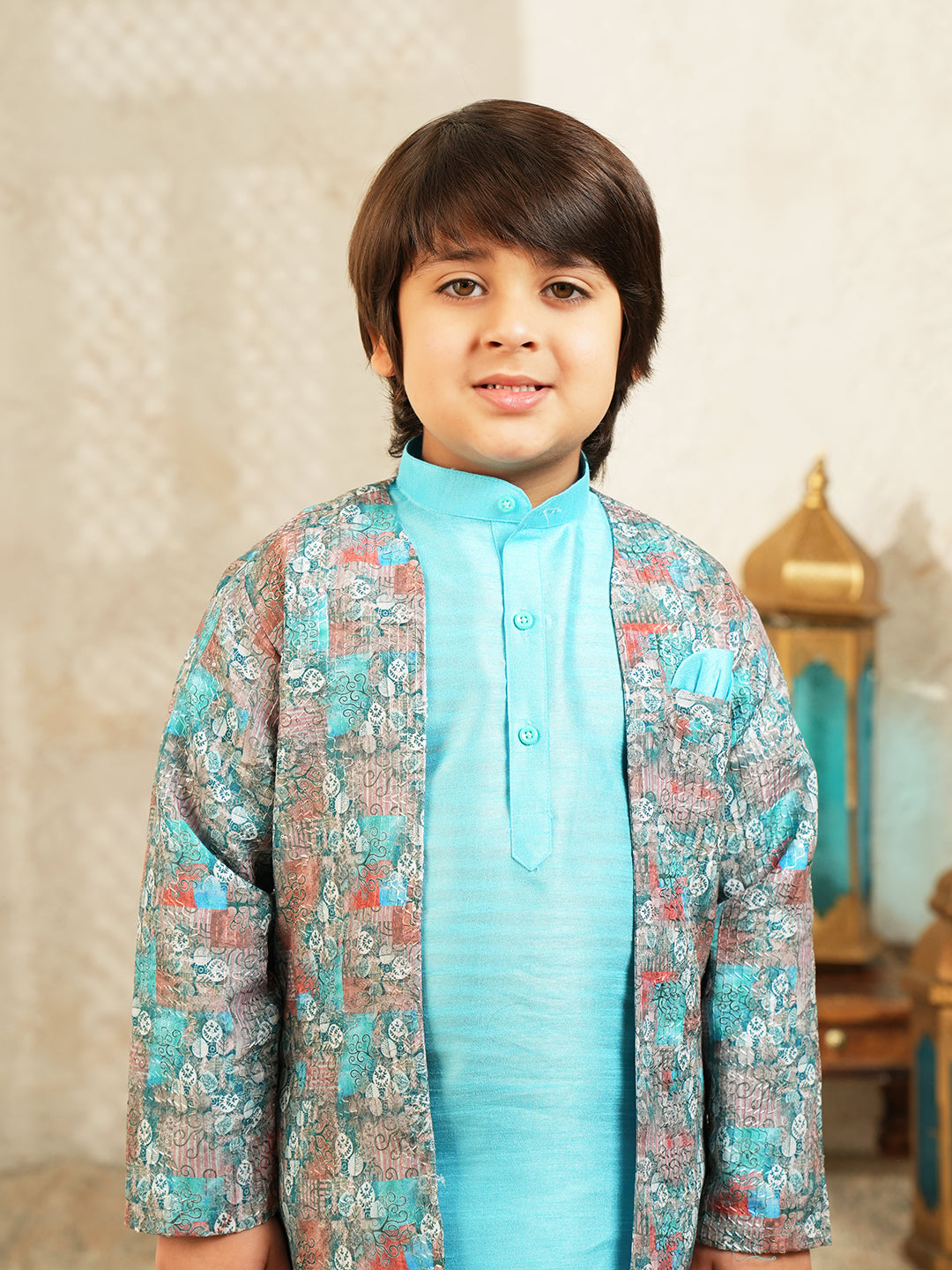 Sky Blue Printed Silk Blend Sherwani For Boys
