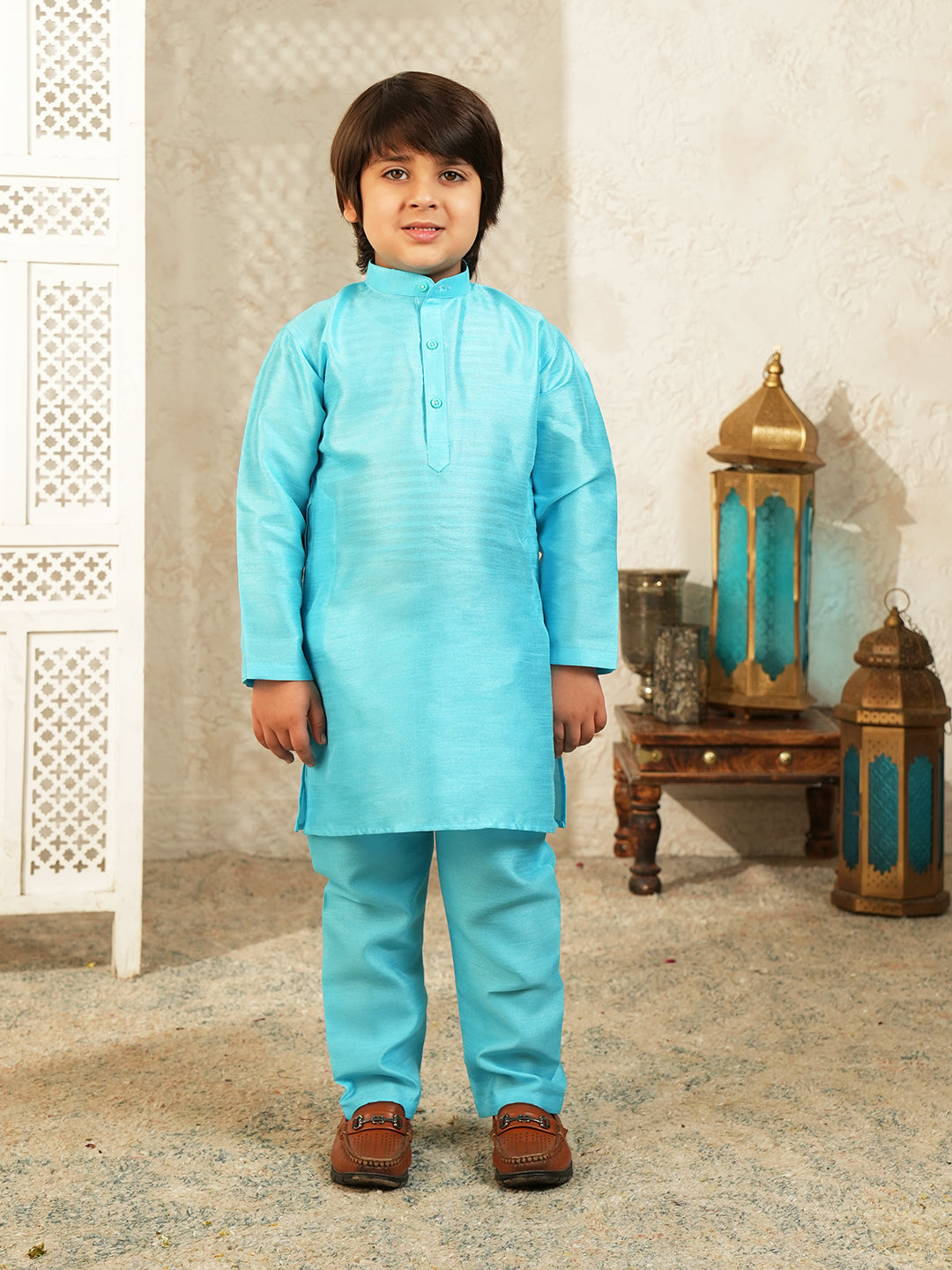 Sky Blue Printed Silk Blend Sherwani For Boys