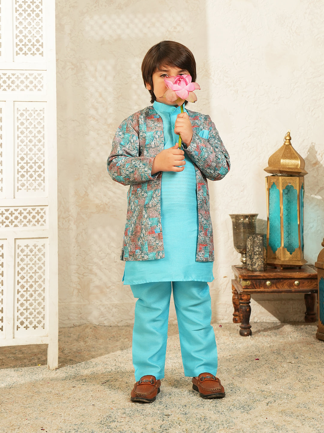 Sky Blue Printed Silk Blend Sherwani For Boys