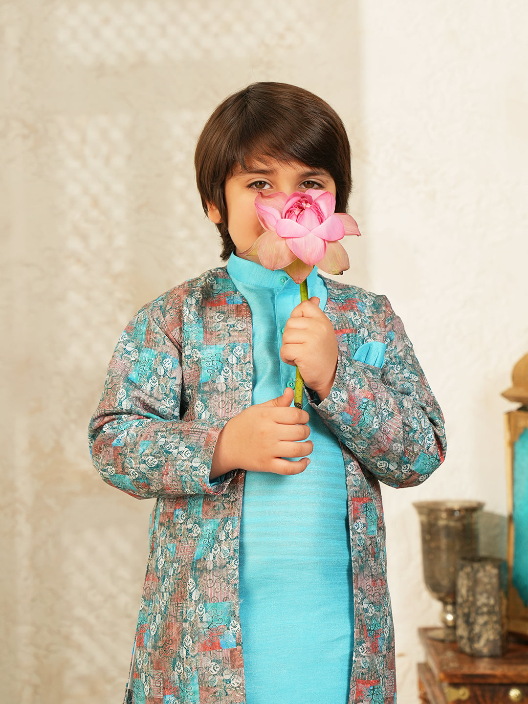 Sky Blue Printed Silk Blend Sherwani For Boys