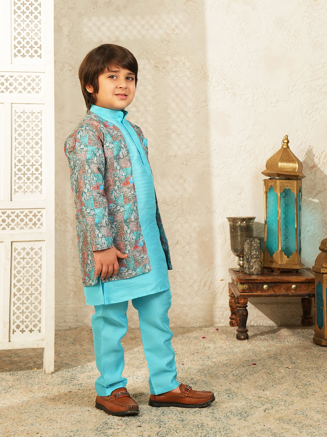 Sky Blue Printed Silk Blend Sherwani For Boys