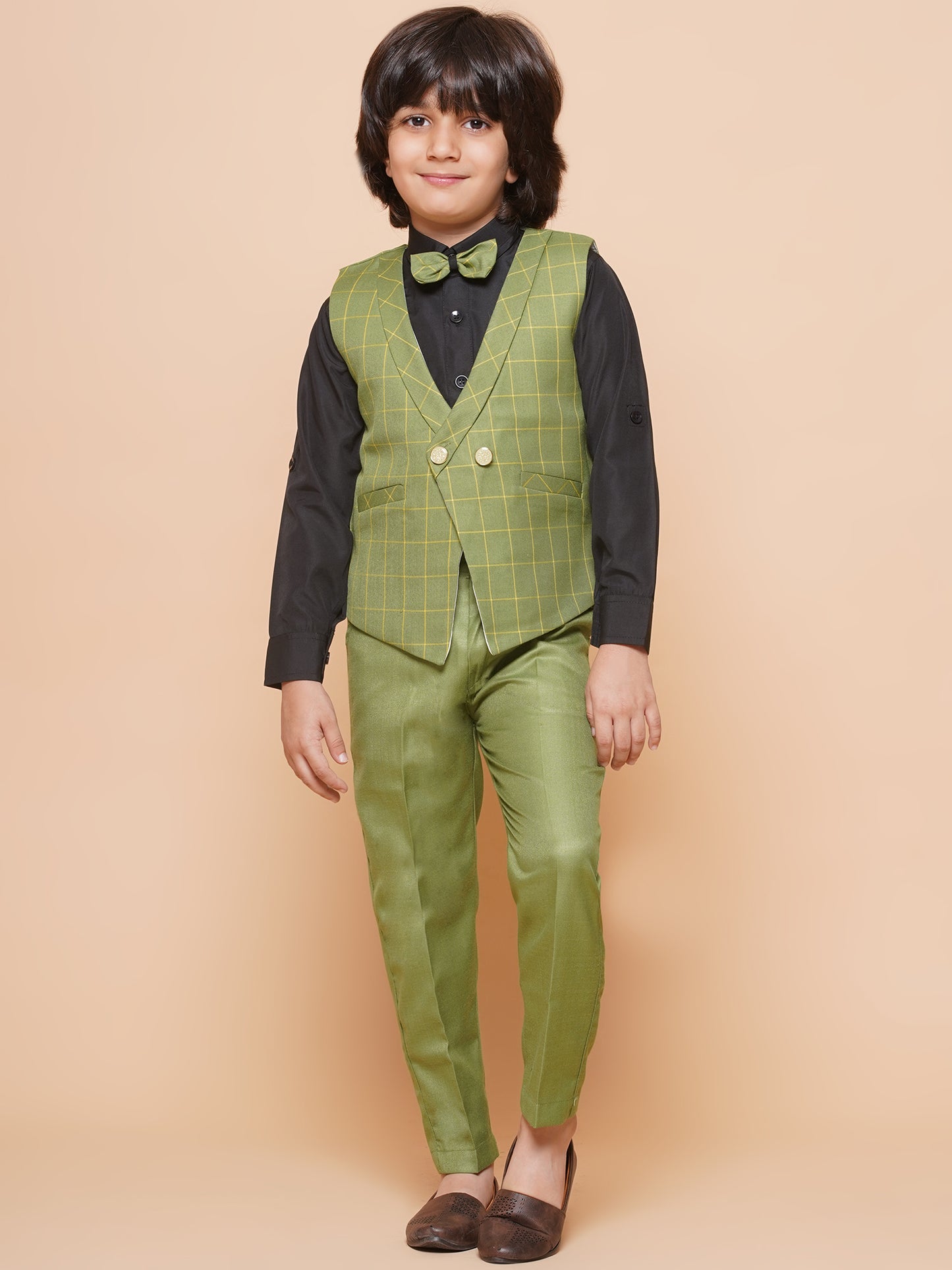 Kids Boys Green Solid Cotton Blend Shirt Pant Waistcoat