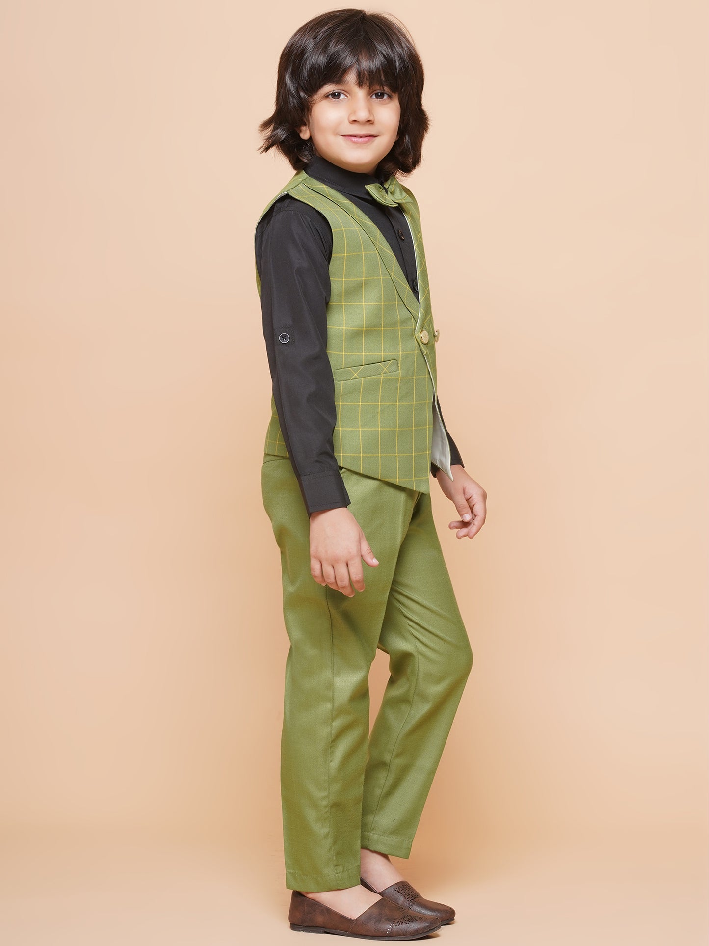 Kids Boys Green Solid Cotton Blend Shirt Pant Waistcoat