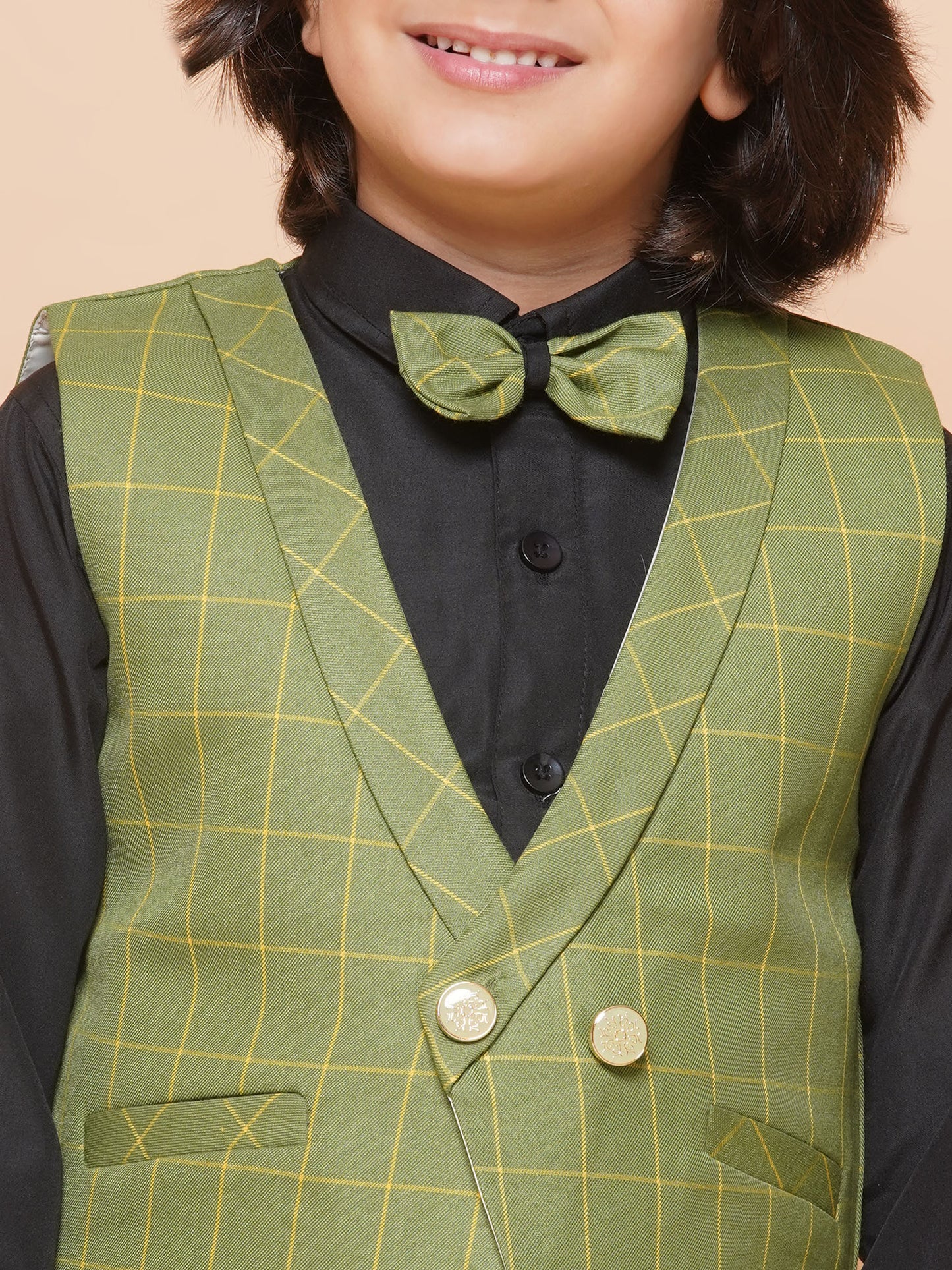 Kids Boys Green Solid Cotton Blend Shirt Pant Waistcoat