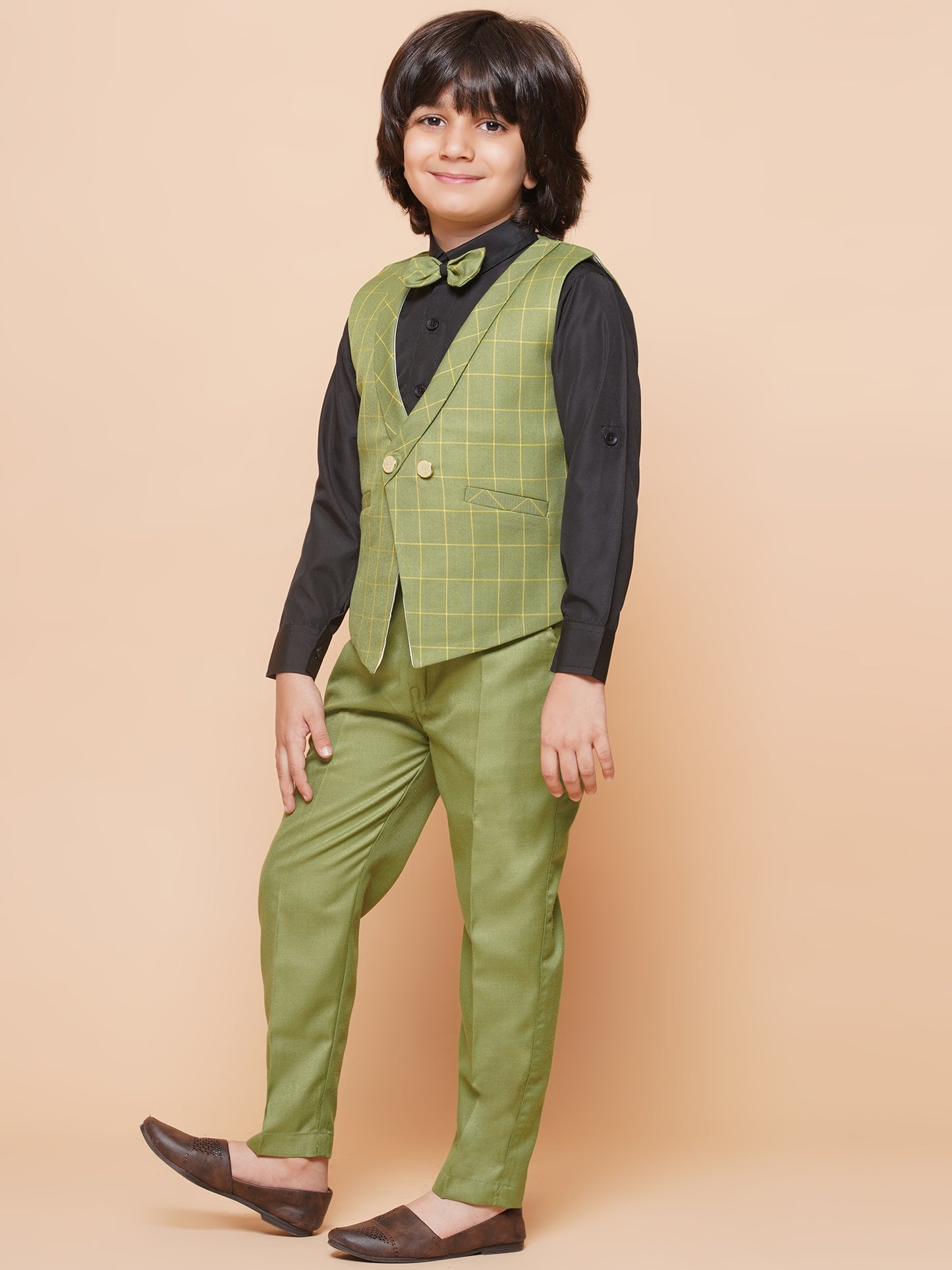 Kids Boys Green Solid Cotton Blend Shirt Pant Waistcoat