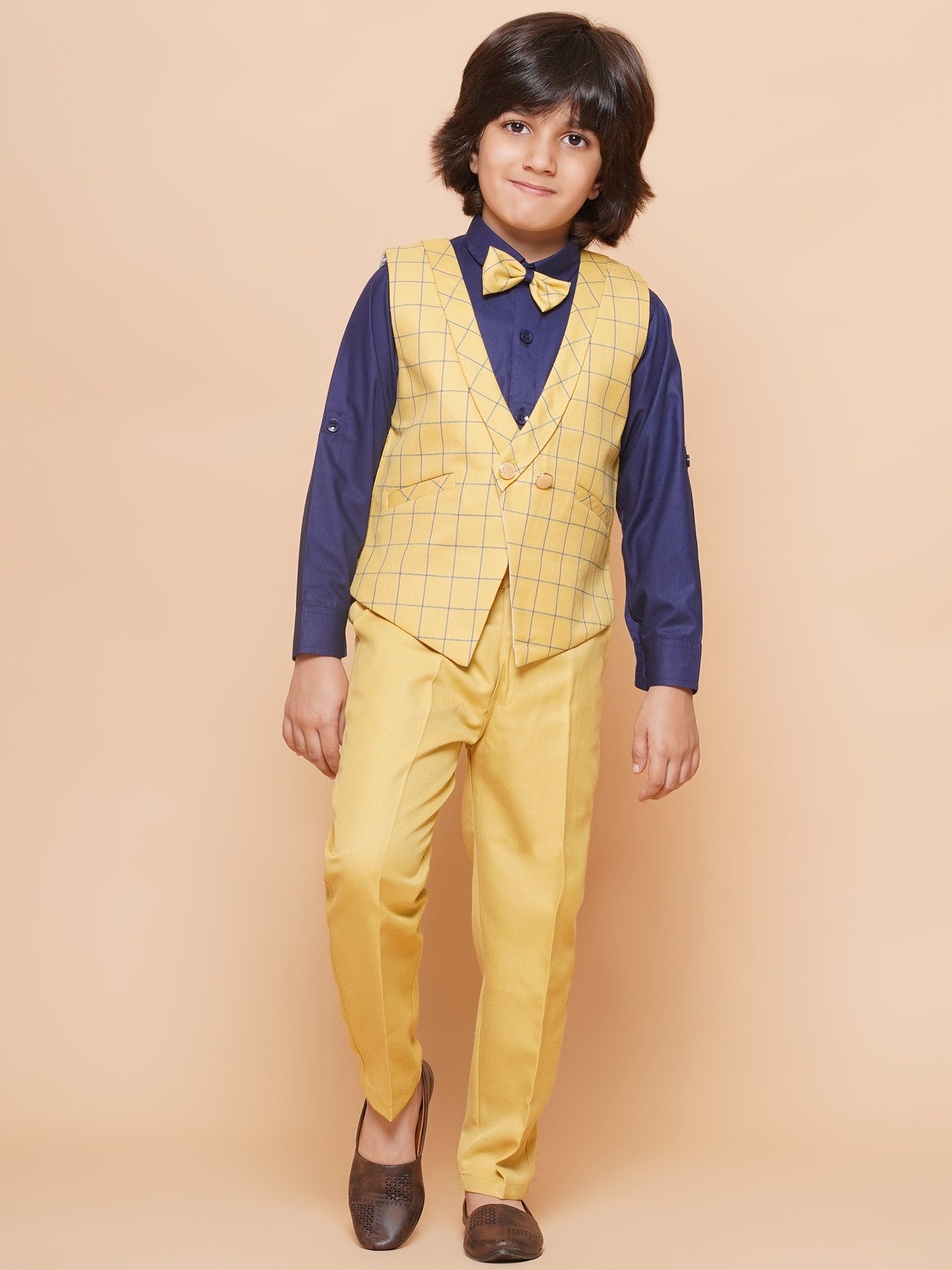 Kids Boys Yellow Solid Cotton Blend Shirt Pant Waistcoat - AJ Dezines