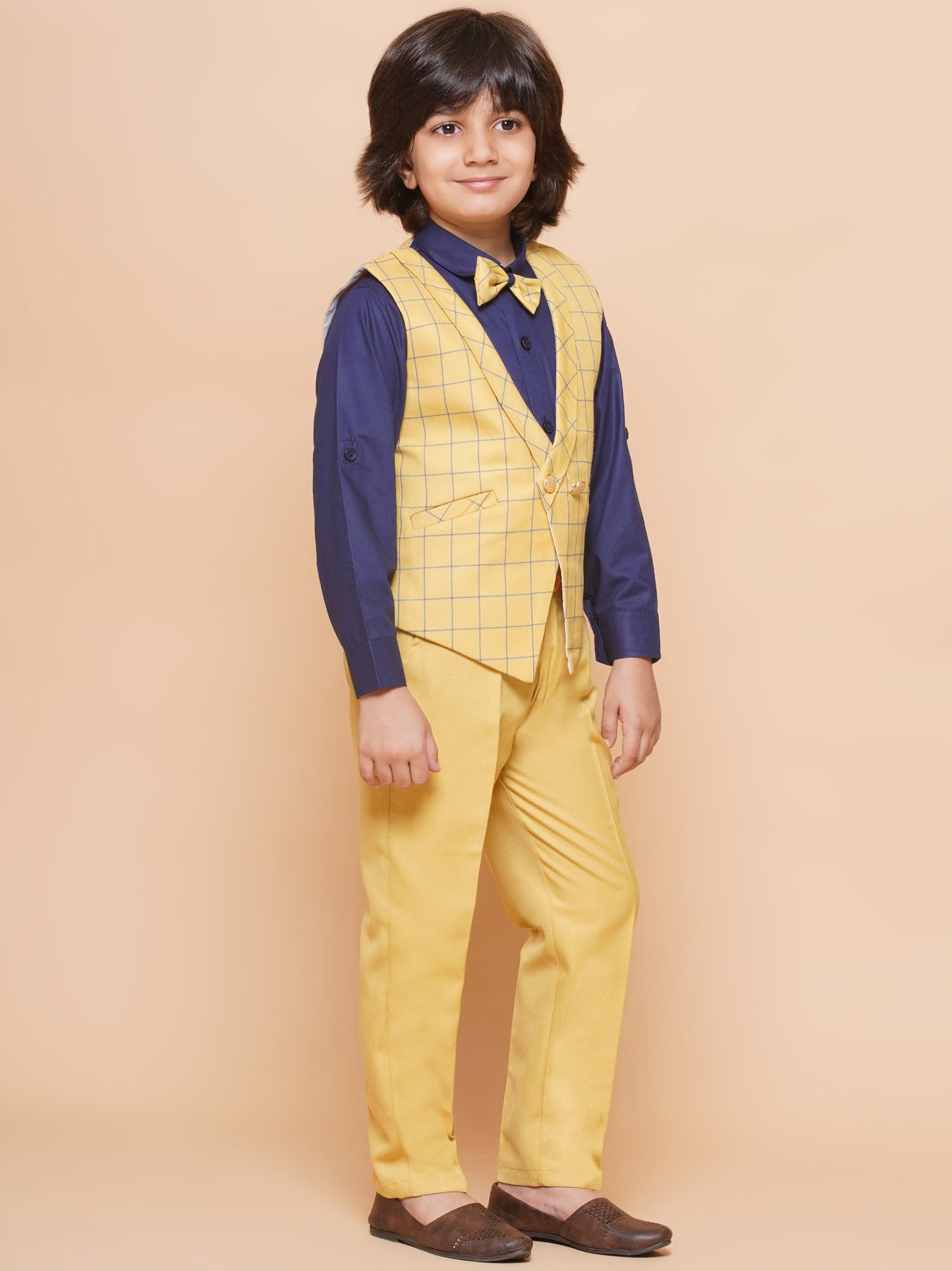 Kids Yellow Suiting Fabric Checkered Suit Set For Boys