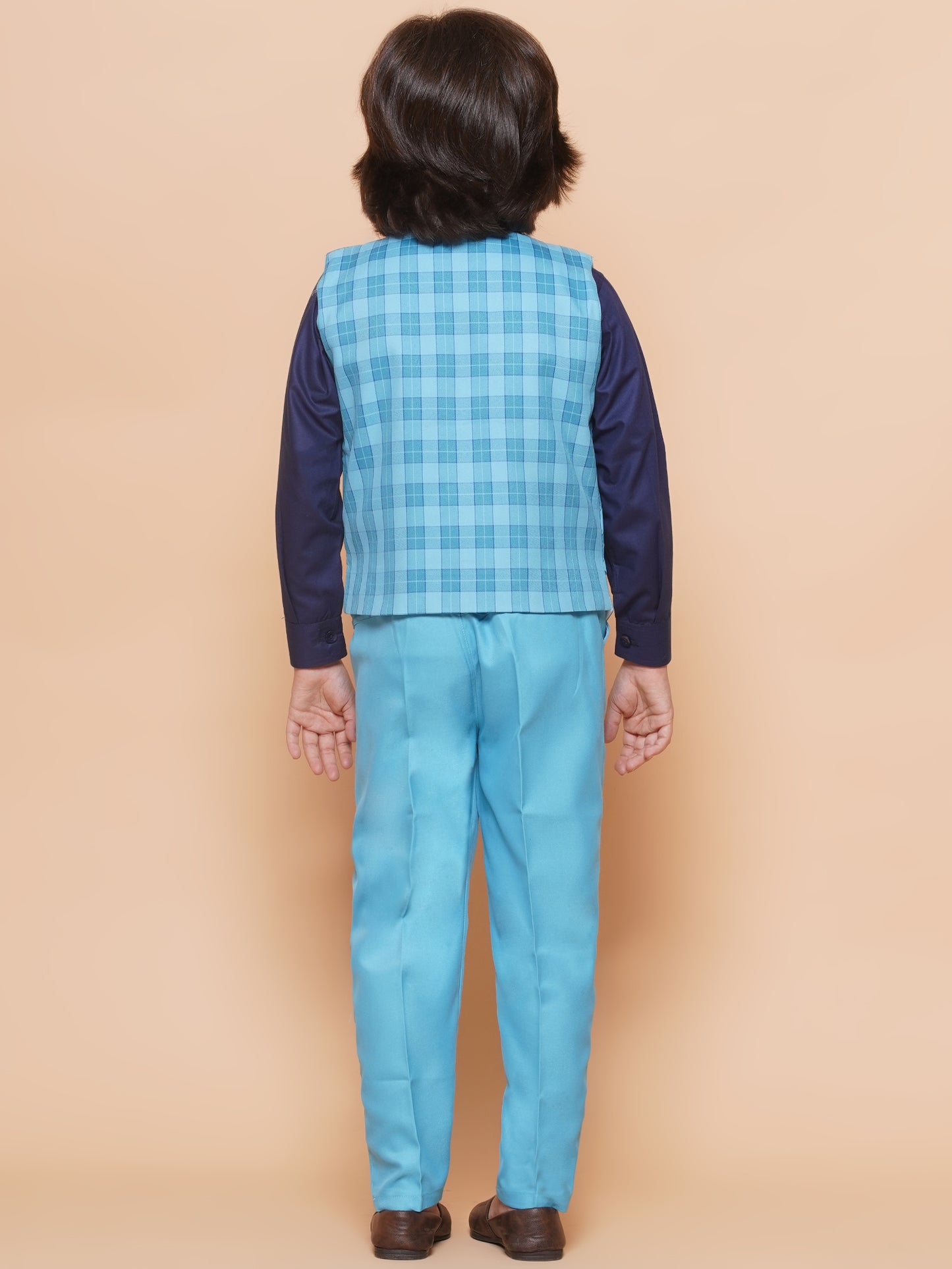 Kids Blue Suiting Fabric Checkered Suit Set For Boys